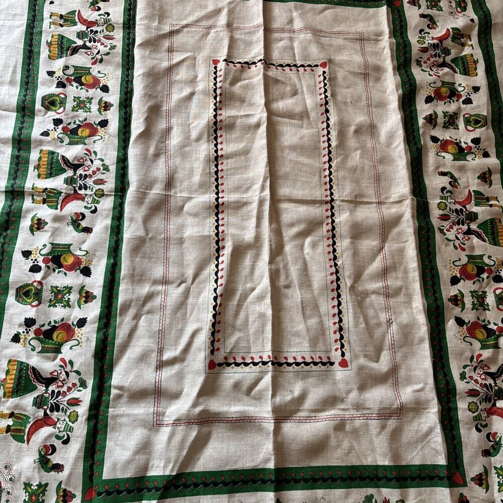 vintage pennsylvania Dutch Tablecloth Linen Size 68 X 50 Festive Green & Beige - Picture 4 of 7
